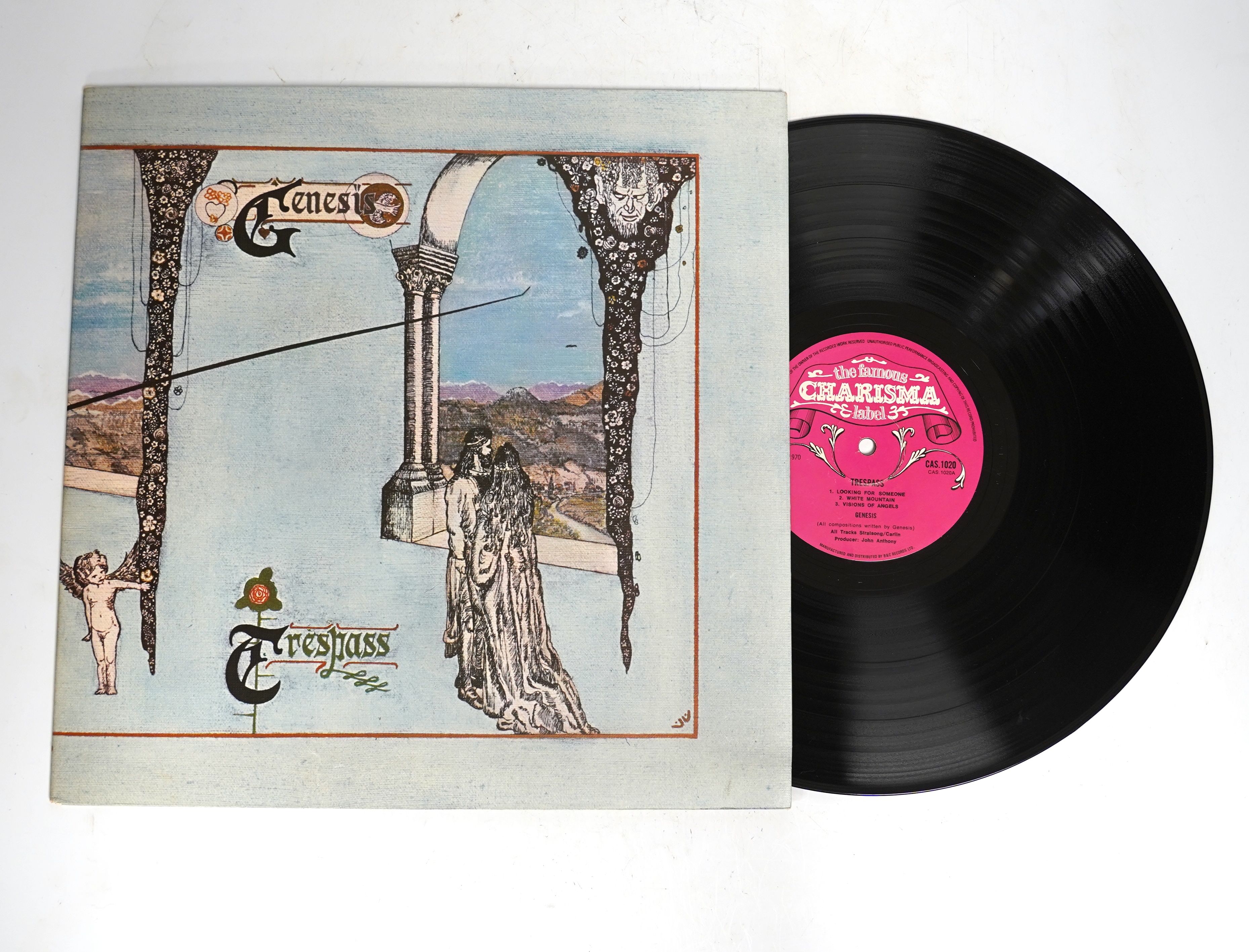 Genesis; Trespass LP record album, on pink scroll Charisma label, CAS.1020, with inner lyric sheet and textured gatefold cover